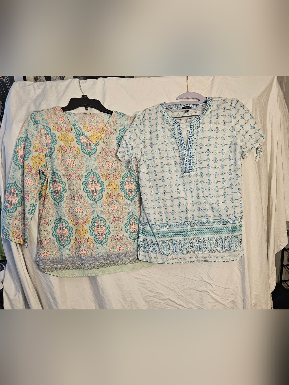 Talbots Boho Print Cotton Tops - Aqua, Pink & Yellow